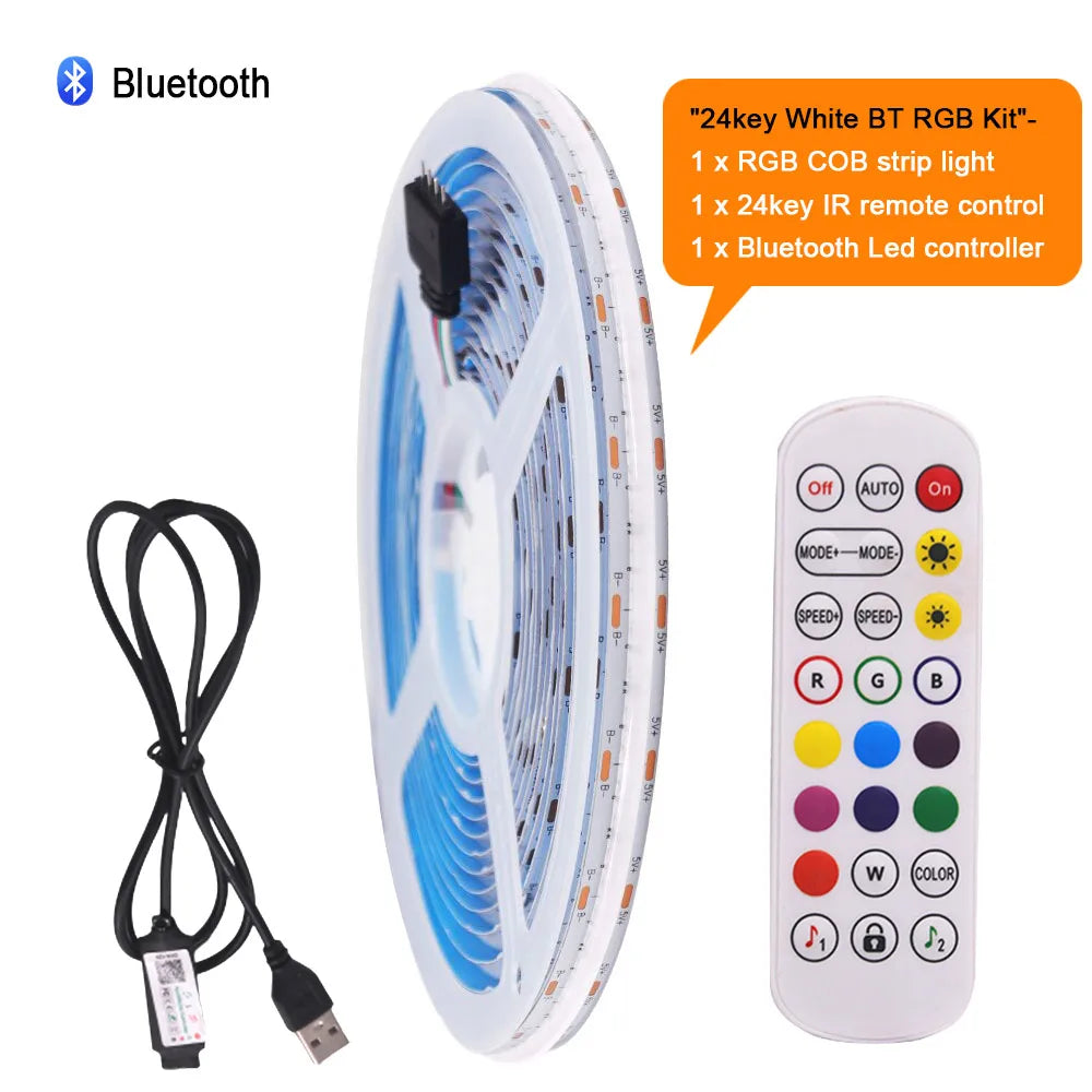 5V Wifi Bluetooth-compatible USB RGB COB LED Strip Light 24key 44key Remote Control Kit 576 LEDs Linear Lighting Flexible Tape