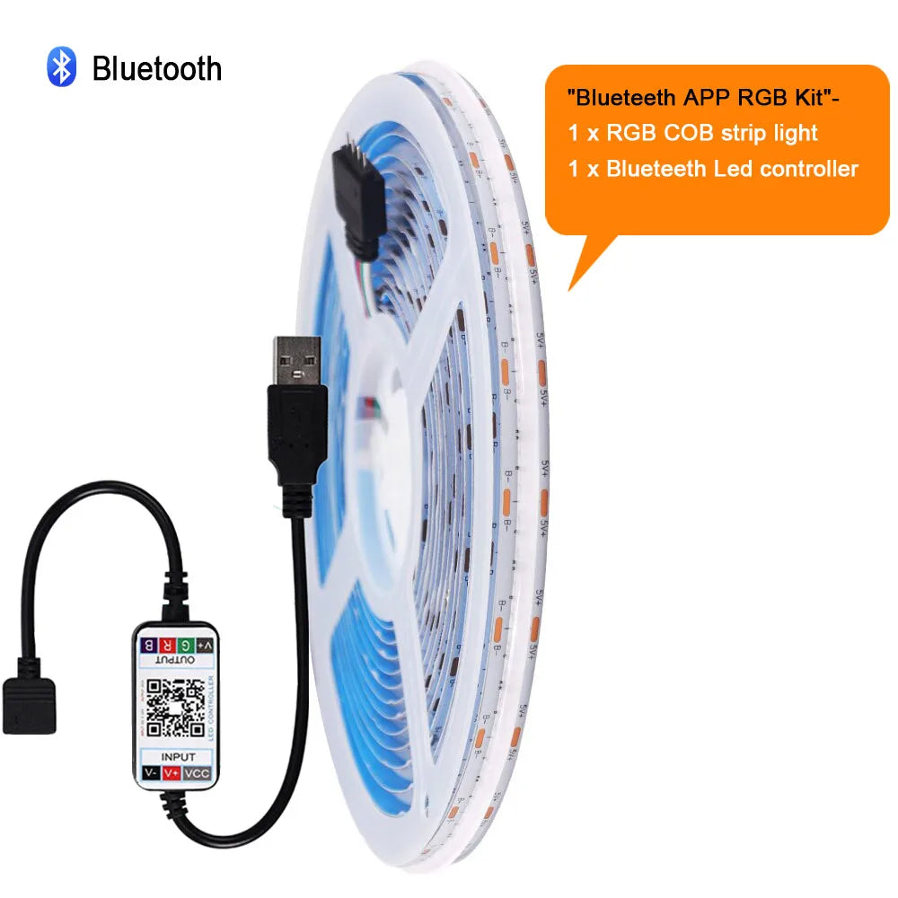 5V Wifi Bluetooth-compatible USB RGB COB LED Strip Light 24key 44key Remote Control Kit 576 LEDs Linear Lighting Flexible Tape