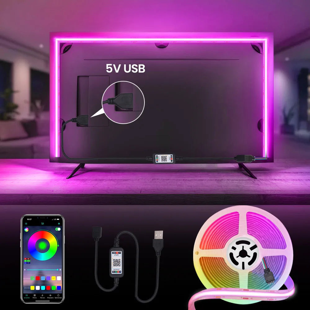 5V Wifi Bluetooth-compatible USB RGB COB LED Strip Light 24key 44key Remote Control Kit 576 LEDs Linear Lighting Flexible Tape