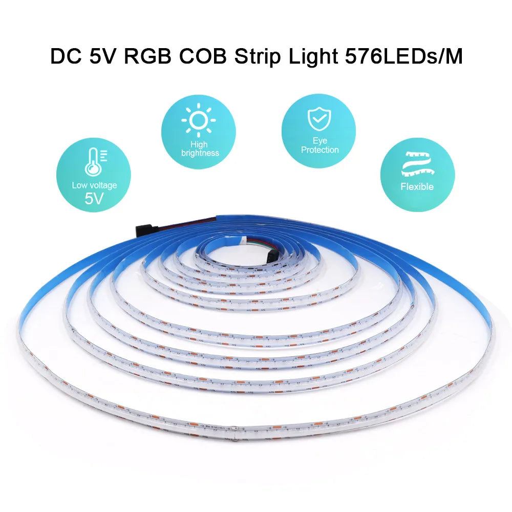 5V Wifi Bluetooth-compatible USB RGB COB LED Strip Light 24key 44key Remote Control Kit 576 LEDs Linear Lighting Flexible Tape