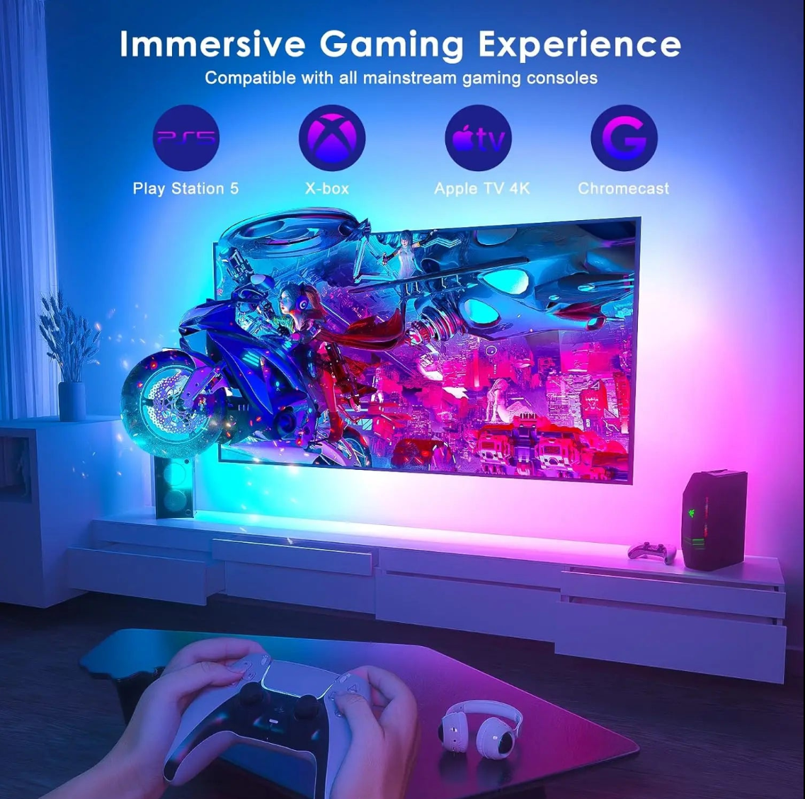 RGBIC LED TV Backlight Strip with Color Picking Sensor Music Sync App and Controler