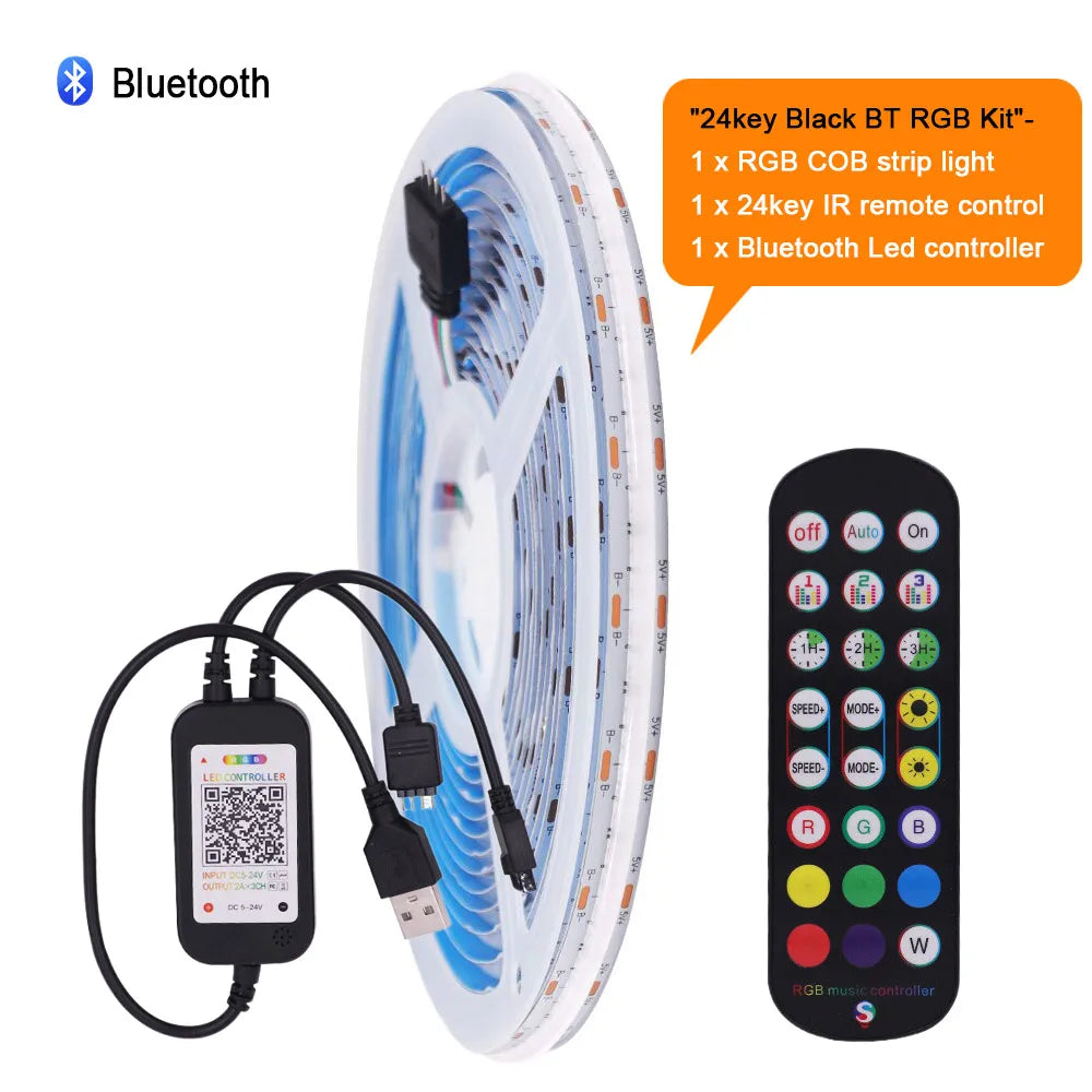 5V Wifi Bluetooth-compatible USB RGB COB LED Strip Light 24key 44key Remote Control Kit 576 LEDs Linear Lighting Flexible Tape