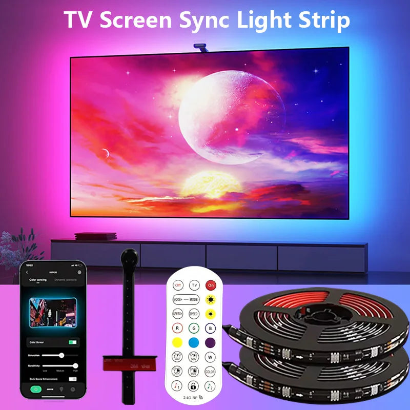 RGBIC LED TV Backlight Strip with Color Picking Sensor Music Sync App and Controler